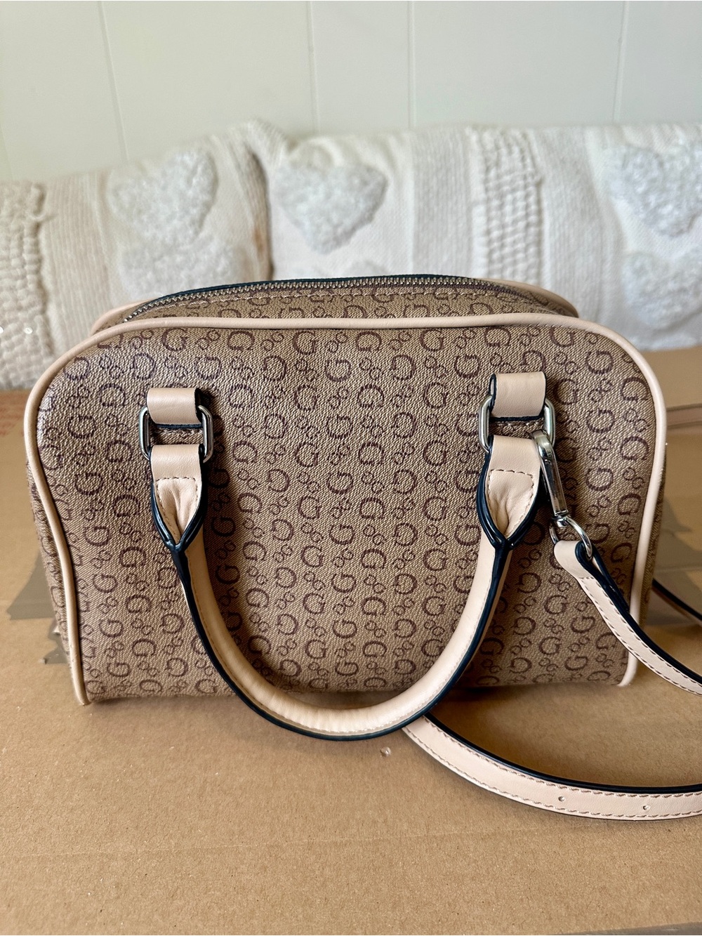 The GUESS Logo Print Small Satchel Top Handle Bag in beige and brown - Picture 6 of 9